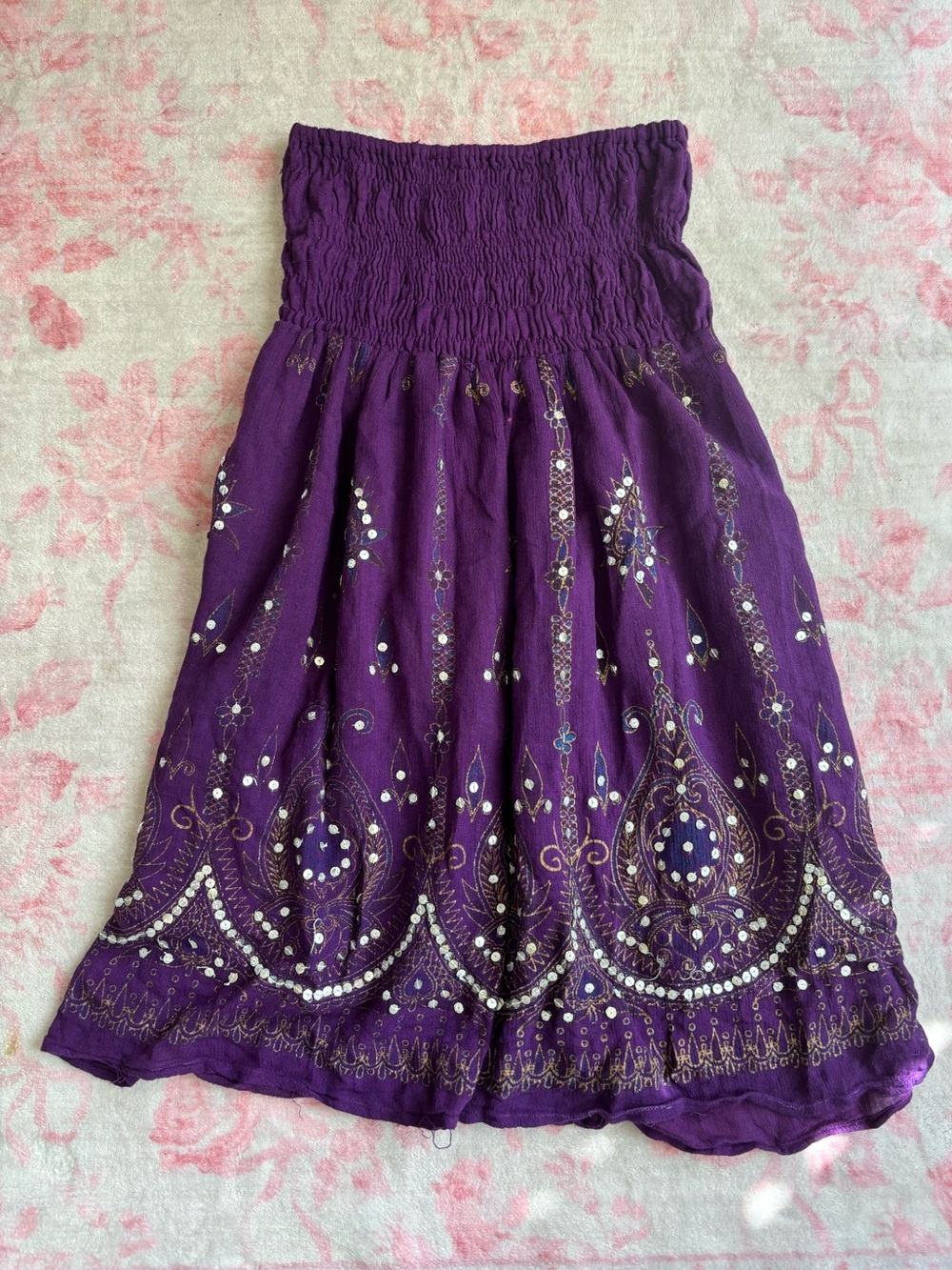 Purple vintage gypsy embroidered smocked fairy embellished mini dress